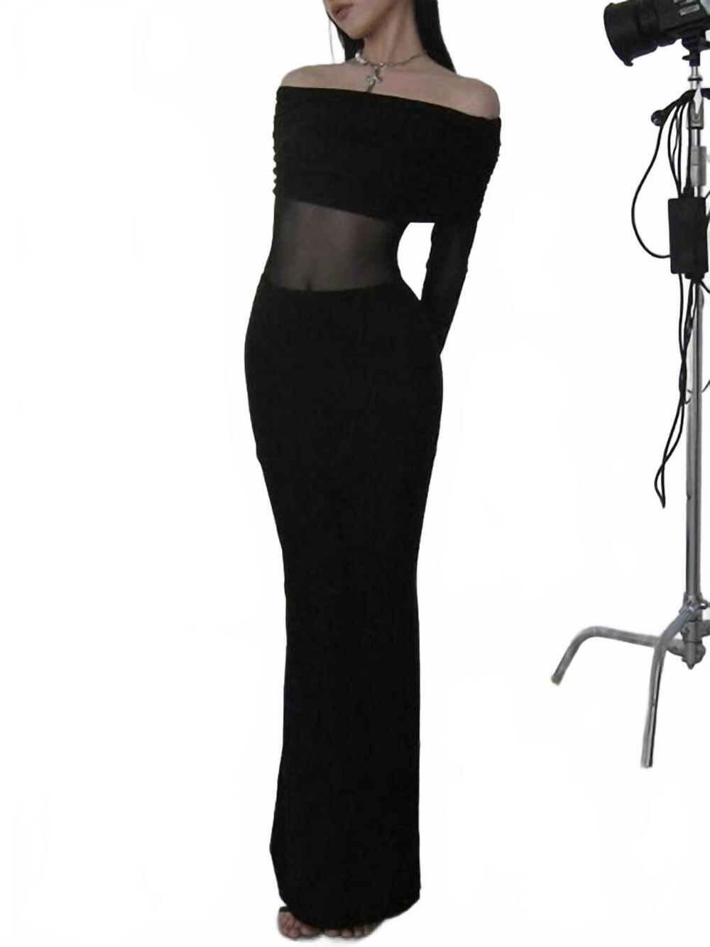 NEW VIVIDLUX skinny pleated see-through off-the-shoulder evening maxi dress in b